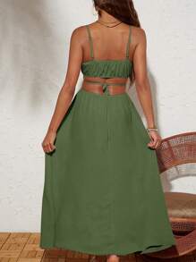 Travachic Solid Color Woven Backless Tie-Waist Dress For Vacation - Green - View 2