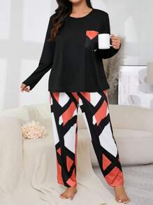 Geometric Print Round Neck Long Sleeve Top And Pants Plus Size Pajama Set