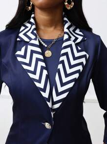 SHEIN Clasi 2pcs Women's Elegant Geometric Contrast Print Lapel Blazer And Skirt Set