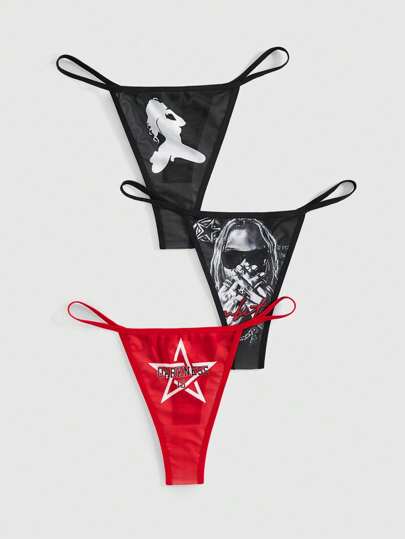 Grunge Punk 3 pièces/set Culottes tanga sexy avec impression d'étoile de rappeur et de figure