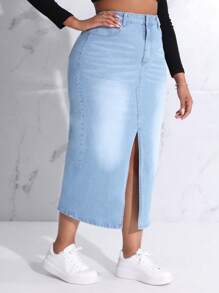 Slaydiva Váy denim dài maxi xẻ tà túi size lớn cho nữ - Rửa nhẹ - Xem 3