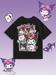 HELLO KITTY AND FRIENDS | SHEIN Tween Girl 卡通  印花黑色休闲百搭短袖 T 恤，夏季图案 T 恤