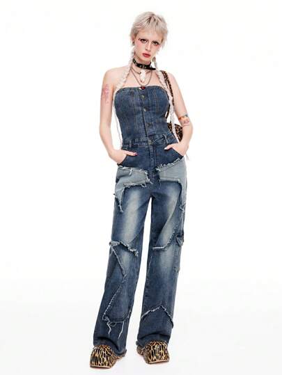 Fairycore Tuta in jeans con stampa di stelle retrò a collo alto per donna