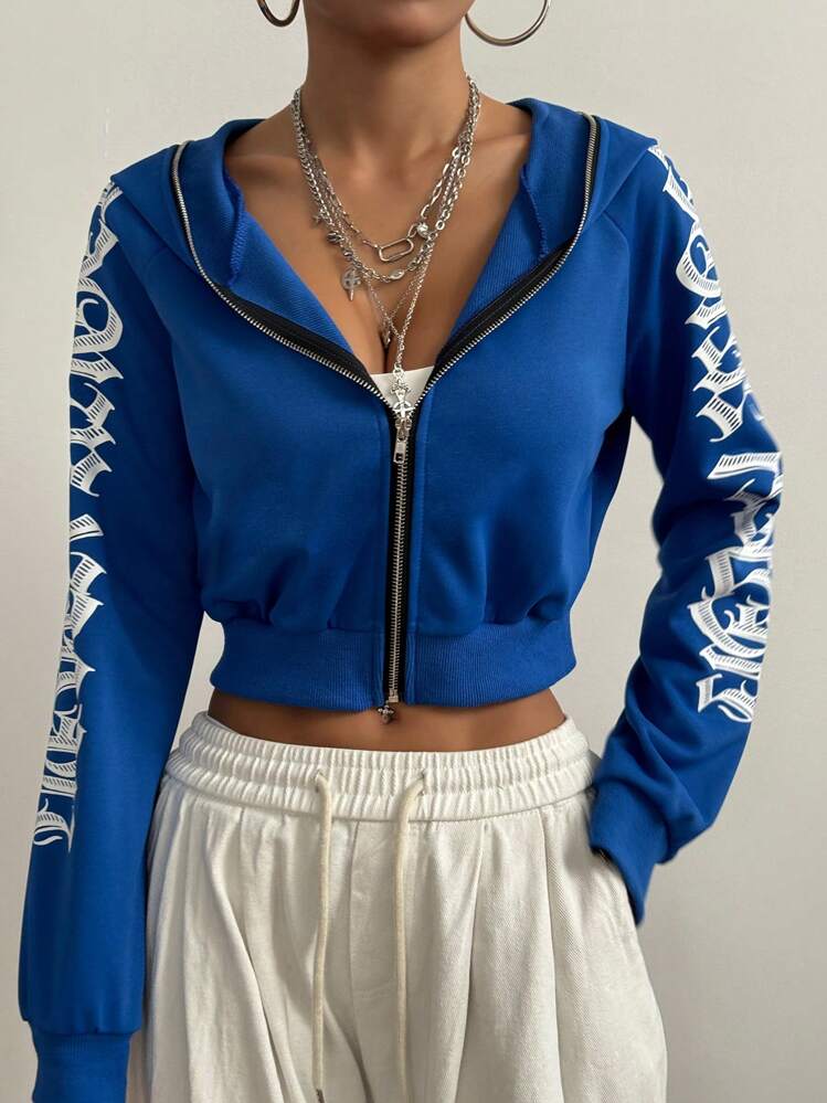 StreetHx 女士哥特风文字短款拉链连帽卫衣，秋冬季，长袖上衣，毕业季，返校季，毕业典礼，教师款，女士返校秋季卫衣 - 藍色 - 查看 5