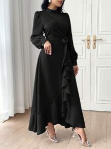 Modelyn Women Fashion Solid Color Belted Long Sleeve Dress,Elegant Evening Party Dress Long Evening Dresses - Black - View 6