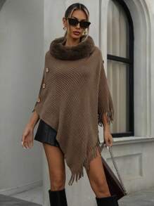 Aveloria Modichic Asymmetric Hem Cardigan With Fur Collar & Tassel Button - Coffee Brown - View 4