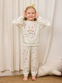2pcs Young Girl Apricot Minimalist Ditsy Floral & Rabbit Embroidered Print Long Sleeve Pajama Set - Apricot - View 3