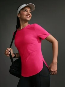 Women Contrast Color Short Sleeve Casual Sporty T-Shirt & Tank Top Gym Shirts - Hot Pink - View 2