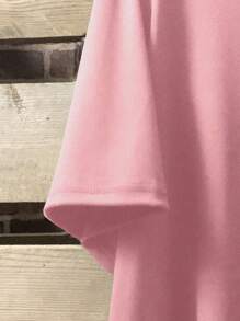 Linhara Plus Size Women Summer Solid Color Crew Neck Short Sleeve Button Decor Asymmetric Hem Casual T-Shirt - Pink - View 5