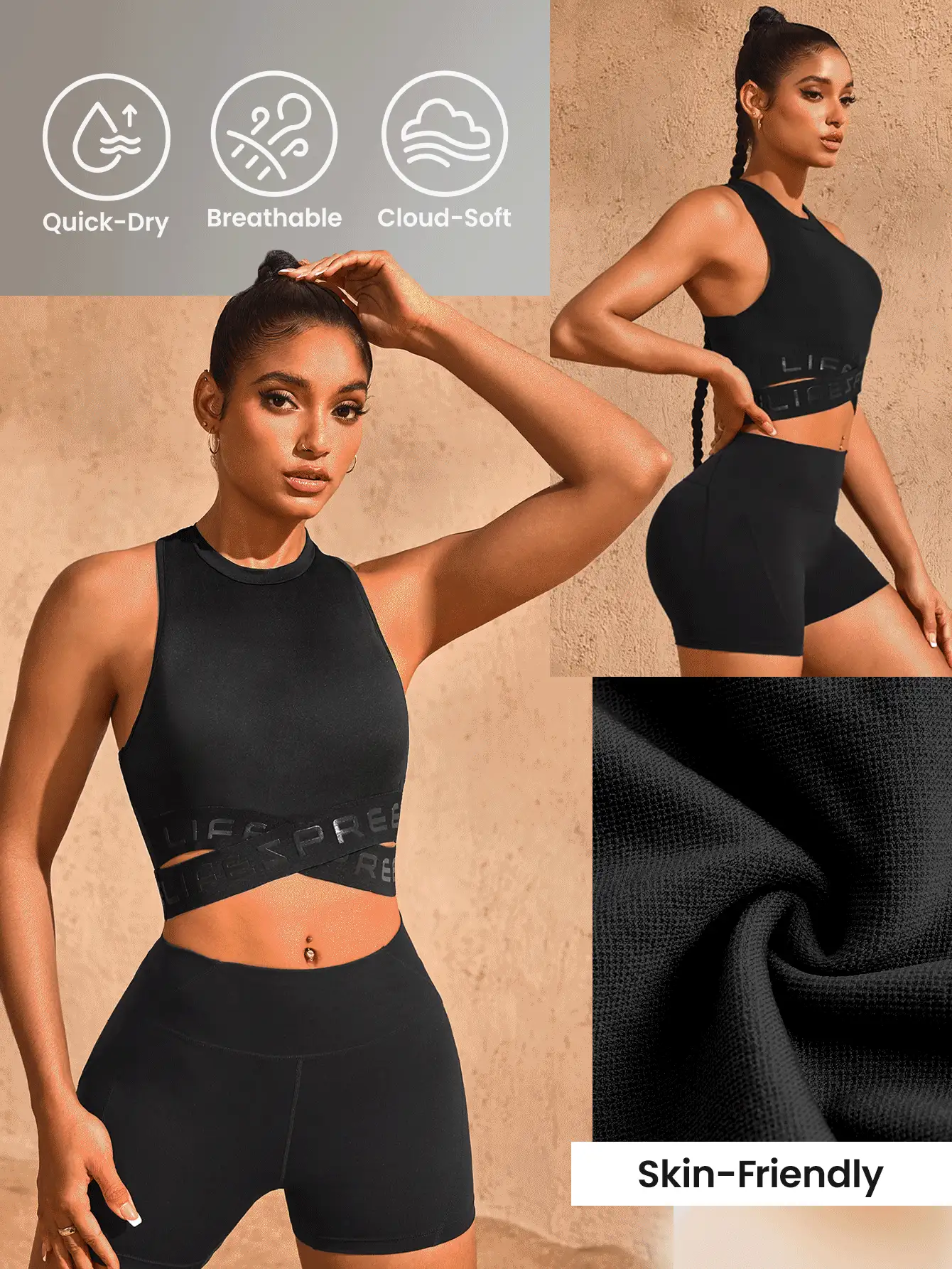 SHEIN Sports Solid Color Letter Woven Strap Criss-Cross Hollow Sports Tank Top - Black - View 2