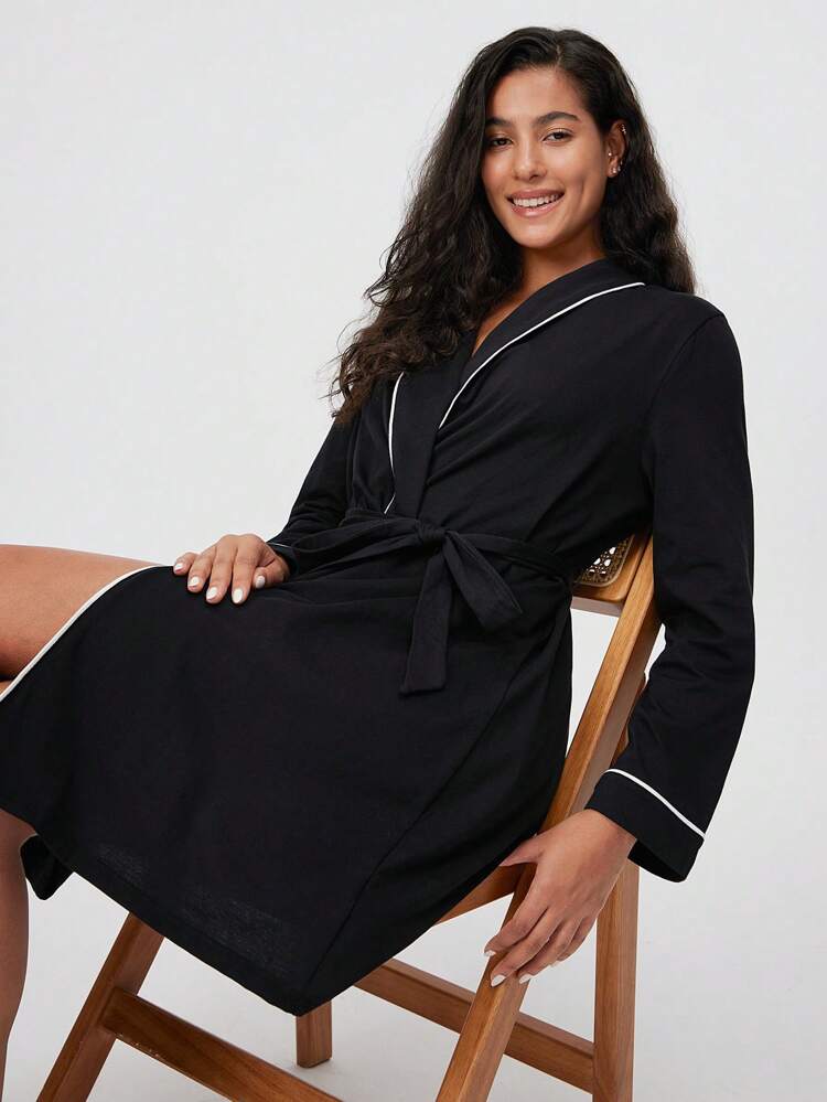 Robe de chambre en coton modal 100% pur noir doux pour l'automne et l'hiver, avec manches longues et ceinture courte. Chemise de nuit et pyjama en coton pour femmes