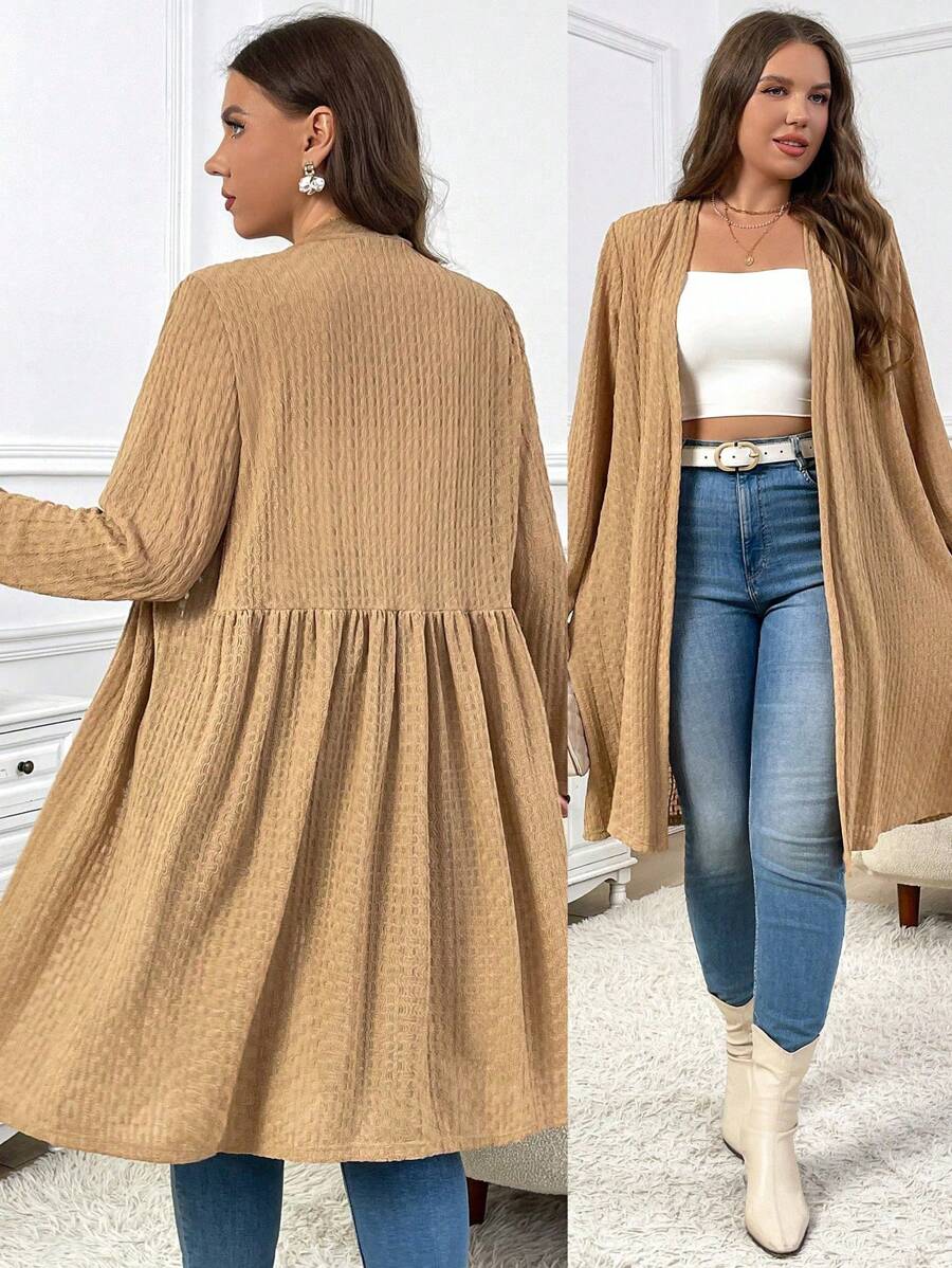 SHEIN Privé Plus Size Đi làm thanh lịch Áo len cardigan dài đến đầu gối có họa tiết thông thường, mùa thu - Màu Khaki - Xem 1