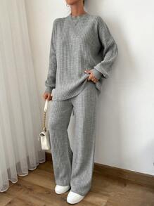 EURMUSE 2 件套女士纯色落肩长袖毛衣和提花休闲针织裤套装，秋冬 - 灰色 - 查看 1
