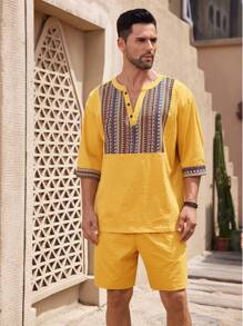 Manfinity Homme 2 件男士复古风格服装：纯色衬衫和短裤套装 - 黃色 - 查看 4