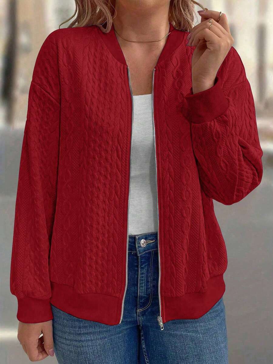SHEIN LUNE Fashionable Textured Comfortable Plus Size Women Zipper Jacket For New Year Clothes Fall Winter Cloth For Women Autumn - Red - View 1