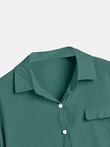 ROMWE 女士纯色前扣短袖衬衫、夏季上衣 - 綠色 - 查看 4
