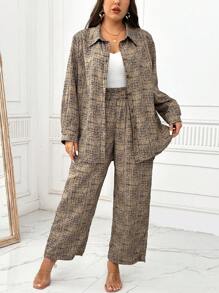 SHEIN LUNE 2pcs/Set Plus Size Casual Allover Print Long Sleeve Shirt And Pants Set, Spring/Fall - Apricot - View 4