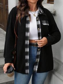 SHEIN LUNE Plus Size Women's Solid Plaid Patchwork Long Sleeve Jacket