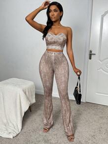 Zolique Women's Knitted Digital Denim Effect Positioning Printing Two-Piece Set - Brown - View 4