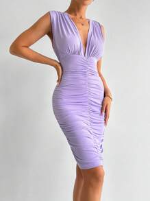 RueChic Plunging Neck Ruched Bodycon Dress - Mauve Purple - View 4