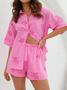 INAWLY Bộ áo thun ngắn tay và quần short in họa tiết đơn giản cho nữ, 2 chiếc - Màu Hồng Tươi - Xem 3