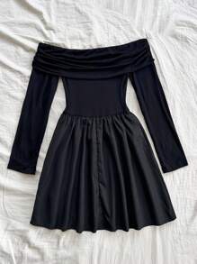 Soleia Vestido mini de ajuste ceñido para mujer con hombros descubiertos, de tela con pliegues y aplicaciones, adecuado para otoño e invierno, para usar como base, paseo, fiesta y todo tipo de ocasiones - Negro - Ver 5