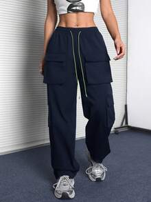 SHEIN EZwear Nữ Y2k Dạo Phố Thoải Mái Túi Dây Rút Quần Túi Túi, Quần Áo Đi Học - Màu xanh hải quân - Xem 5