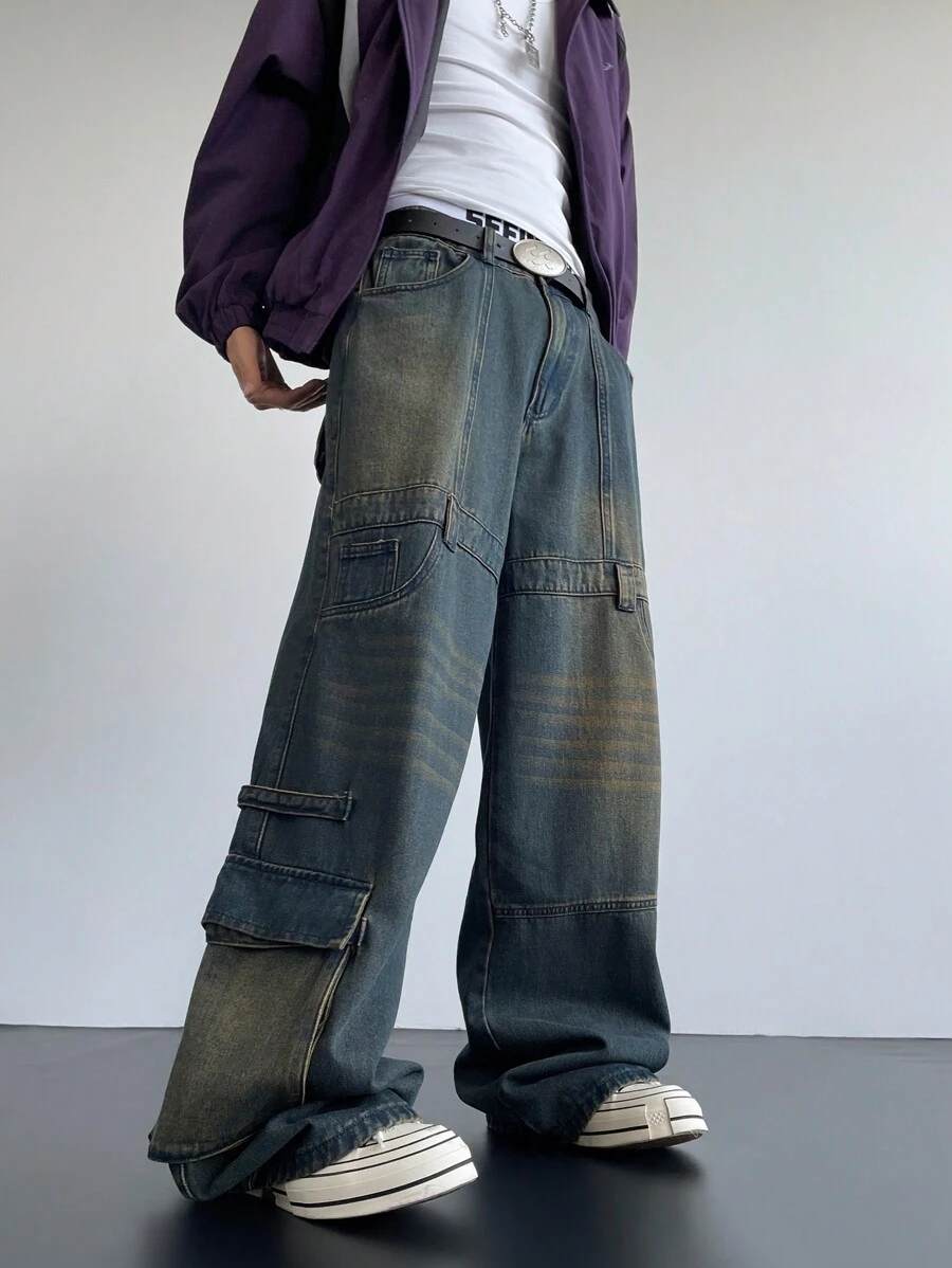 Manfinity EMRG Men's Dark Blue Vintage Washed Multi Pocket Wide Leg Baggy Jeans - Dark Wash - View 1