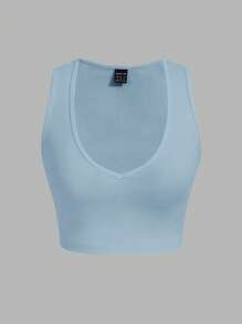 Slaydiva Sexy Casual White Ribbed Women Tank Top With Low-Cut V-Neck, Ideal For Music Festivals - Baby Blue - View 5