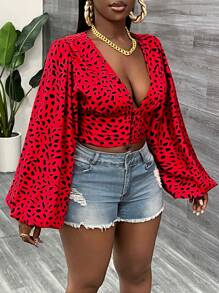 Slaydiva Red Leopard Print V-Neck Lantern Sleeve Blouse - Red - View 6