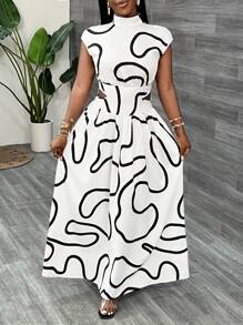 Slaydiva 女士夏季条纹印花立领宽松上衣和阔腿裤休闲连衣裙套装 - 黑與白 - 查看 7