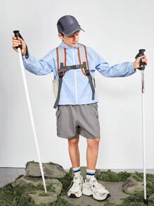 SHEIN Jaqueta esportiva com capuz para adolescentes com bolsos, resistente à água e à abrasão, para caminhadas, acampamentos, pesca, azul claro