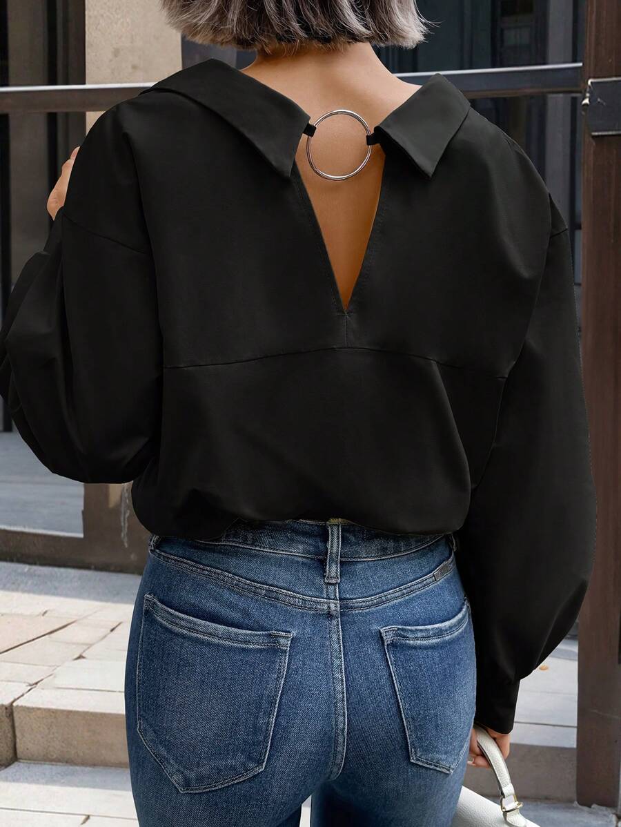 EMERY ROSE Solid Drop Shoulder O-Ring Back Shirt,Long Sleeve Tops Fall Cloth For Women - Black - View 1