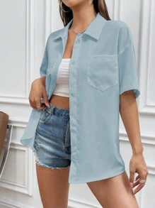 SHEIN Unity Áo sơ mi nữ tay ngắn trễ vai màu trơn rộng rãi thường ngày - Màu xanh lam - Xem 4