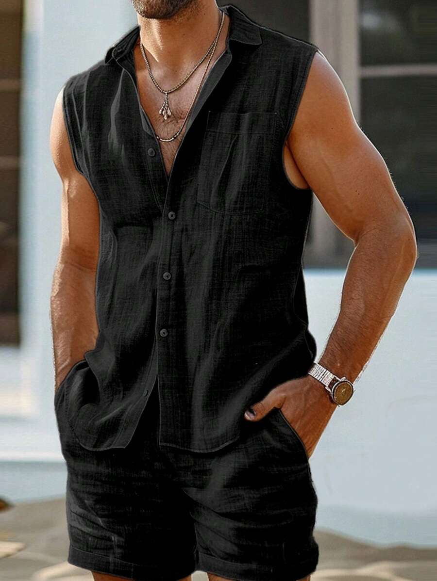 Manfinity Dauomo 2pcs Men's Linen Casual Set: Drawstring Sleeveless Tank Top & Shorts, Hippie Beach - Black - View 1