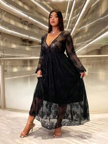 Celure Plus Size Women's Solid Color Lace Patchwork Long Sleeve Dress