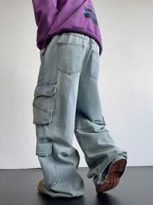 Manfinity Roghcode Y2K Vintage Streetwear 男士浅蓝色洗水牛仔裤多口袋宽松阔腿宽松牛仔裤纯色浅蓝色洗水工装牛仔裤，适合送给老公、男朋友的礼物 - 淺色水洗藍 - 查看 2