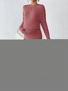 SHEIN 孕婦純色羅紋針織 T 恤和可調節腰部裙子套裝 - 藕粉色 - 查看 5