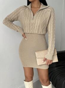 SHEIN Clasi Áo len dệt kim bó sát cổ bẻ khóa kéo nửa thời trang mới cho nữ - Màu be - Xem 4