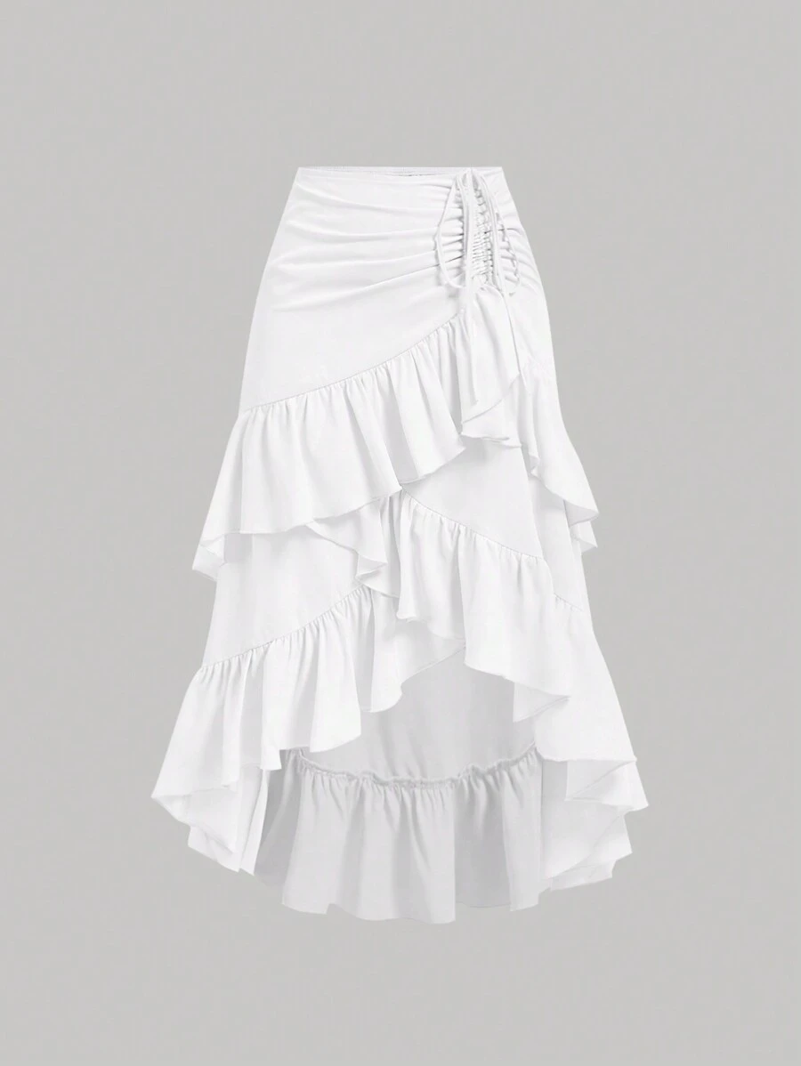 SHEIN MOD Women's  Creamy Apricot  Summer Skirt With High-Low Hem ,Drawstring Ruffled Layered,Party Skirt,Boho Skirt,Lunch Skirt - White - View 1