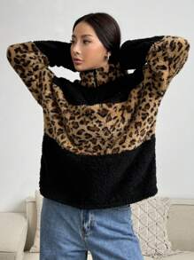 SHEIN EZwear Sudadera holgada con media cremallera reversible de polar con cuello alto, estampado de leopardo de bloques de color, para otoño/invierno
