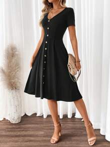 SHEIN Clasi Damen elegantes grünes A-Linien Kleid mit V-Ausschnitt und Kurzarm