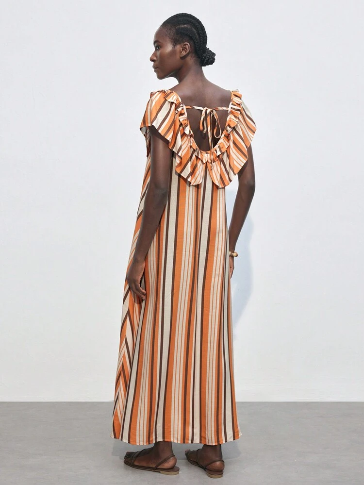 SHEIN Maija Stripe Print Ruffle Collar Backless Tied Waist Summer Dress For Teachers Romantic, Fashion, Versatile; Suitable For Summer Vacation, Comfortable, Bohemian Style, Beach Wear, Swimsuit Cover-Up, Stylish, Elegant, Casual, , Simple Daily Wear, Country Style, Essential, Solid Color, Holiday Casual, Decent, Single Lady, Ideal For Vacation Elegant Fashion Business Casual Woman Going Out Tops Graduation Outfit European Summer Hawaii Outfits Women Summer Dresses For Women Streetwear Women Stockholm Style Teacher Outfits For Women