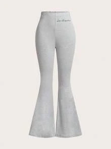 SHEIN EZwear Women's 3pcs Audacious English Text Print Bodysuit With High Waist Flare Leg Pants Set, Suitable For Spring Summer Autumn Suitable For Going Out Women's Sportswear