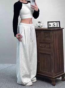 INAWLY Solva 女式纯色简约抽绳阔腿裤 - 灰色 - 查看 2