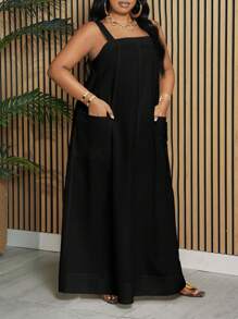 Slaydiva Plus Size Vacation, Elegant & Casual Loose Solid White Sleeveless Pocketed A-Line Dress For Women, Spring And Summer ,Black Dress - Black - View 6