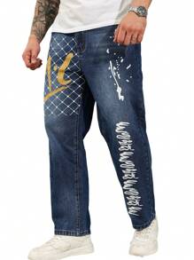Manfinity Homme Plus Size Men's Letter Print Patch Pocket Straight Loose Casual Denim Jeans - Medium Wash - View 5