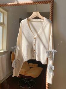 Comfortcana Women's V-Neck Button Down Long Sleeve Bow Tie Elegant Cardigan Sweater - Beige - View 1