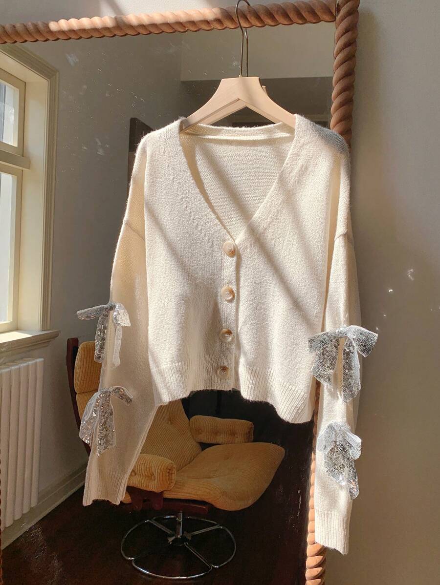 Comfortcana Women's V-Neck Button Down Long Sleeve Bow Tie Elegant Cardigan Sweater - Beige - View 1