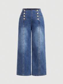 SHEIN MOD Plus Size Losse Flared Leg Jeans Met Knoopdetail, Blauw